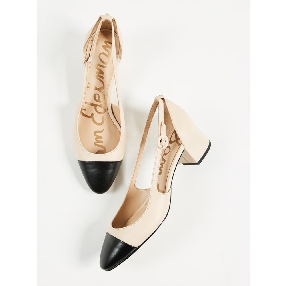 Sam Edelman Two-Tone Beige and Black Cap-Toe Slingback Block Heels